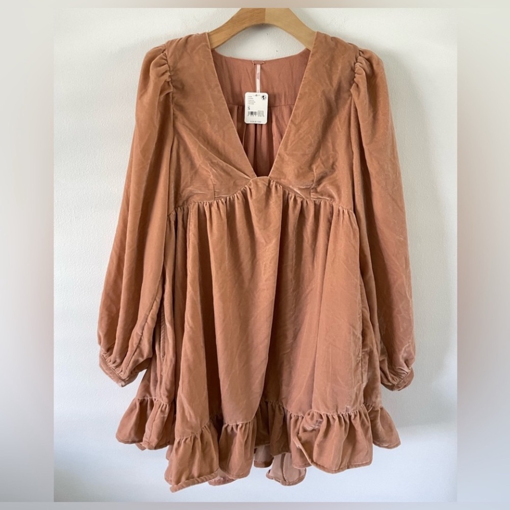 Free People Estella Velvet Babydoll Mini Dress Boho Ruffled Western Dusty Rose - Picture 3 of 7